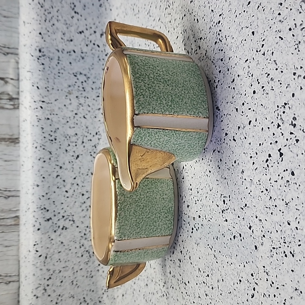 Vintage Ellgreave Pottery Green w/ Gold Trim Creamer & Sugar Bowl rare